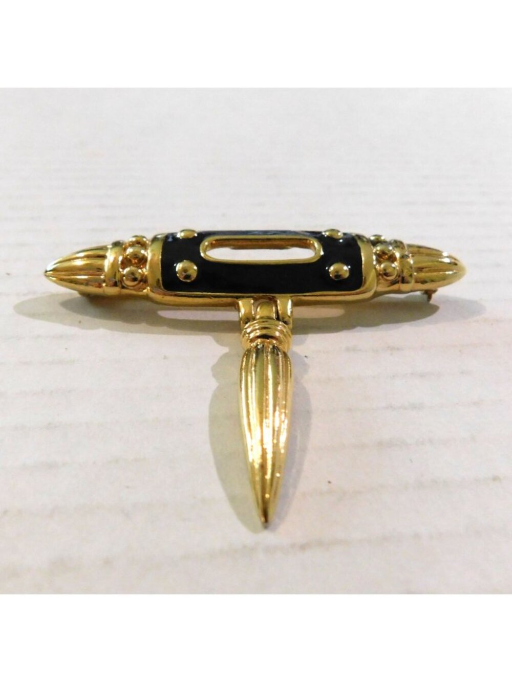 Premier Designs Vintage Signed Pin Gold Plated Black Enamel Hanging Charm Brooch - Picture 7 of 9